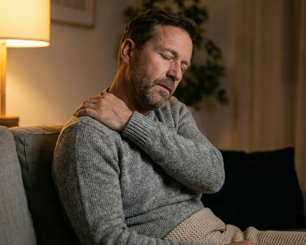 fibromyalgia chiropractic treatment Honolulu man rubbing shoulder in pain