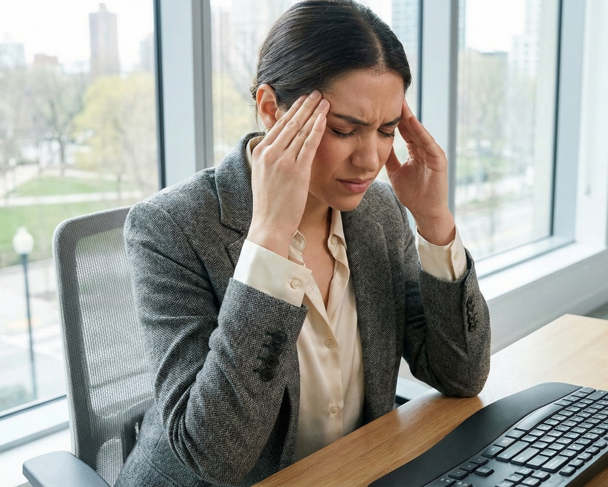 woman in office holding head in distress chiropractor honolulu