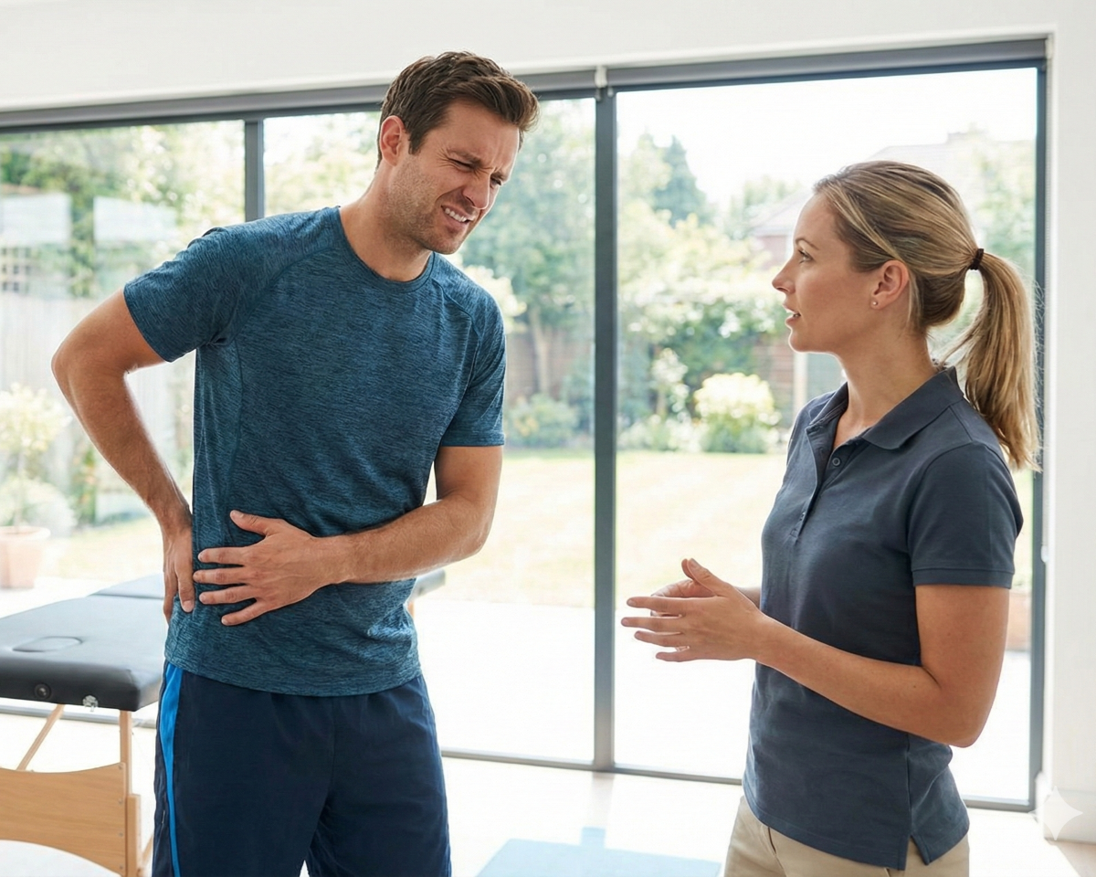man in gym holding lower back wincing while talking to another person hip and joint treatment honolulu chiropractor