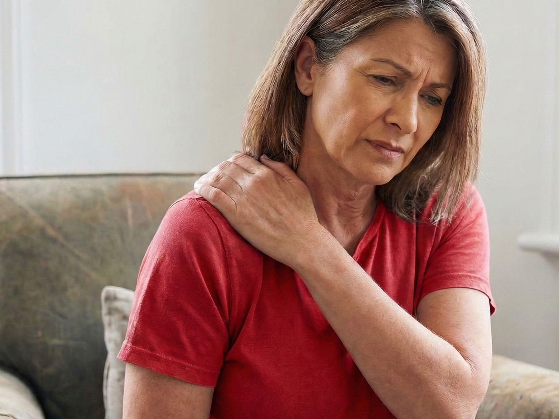 woman rubs shoulder wincing in pain honolulu chiropractor